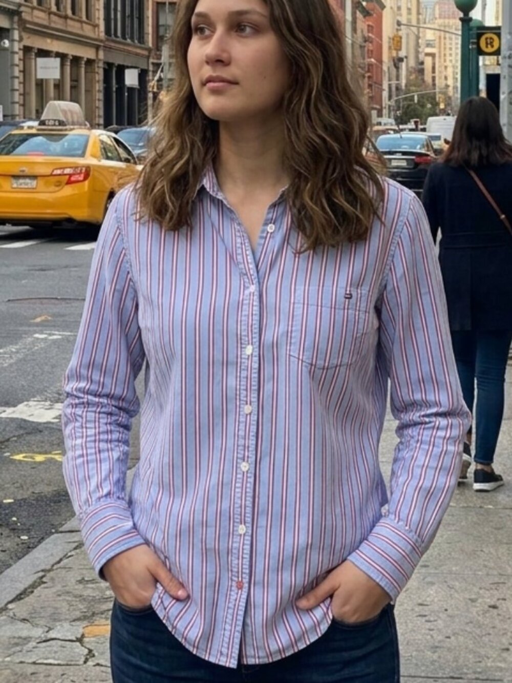 Tommy Hilfiger Striped Button Down Shirt Long Sleeve Cotton Blue Orange XXL